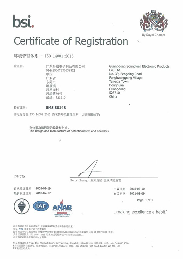Shengwei Electronics by ISO 14001:2015 quality management system