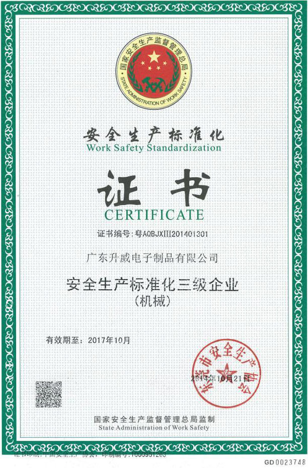 Safety standards certificate